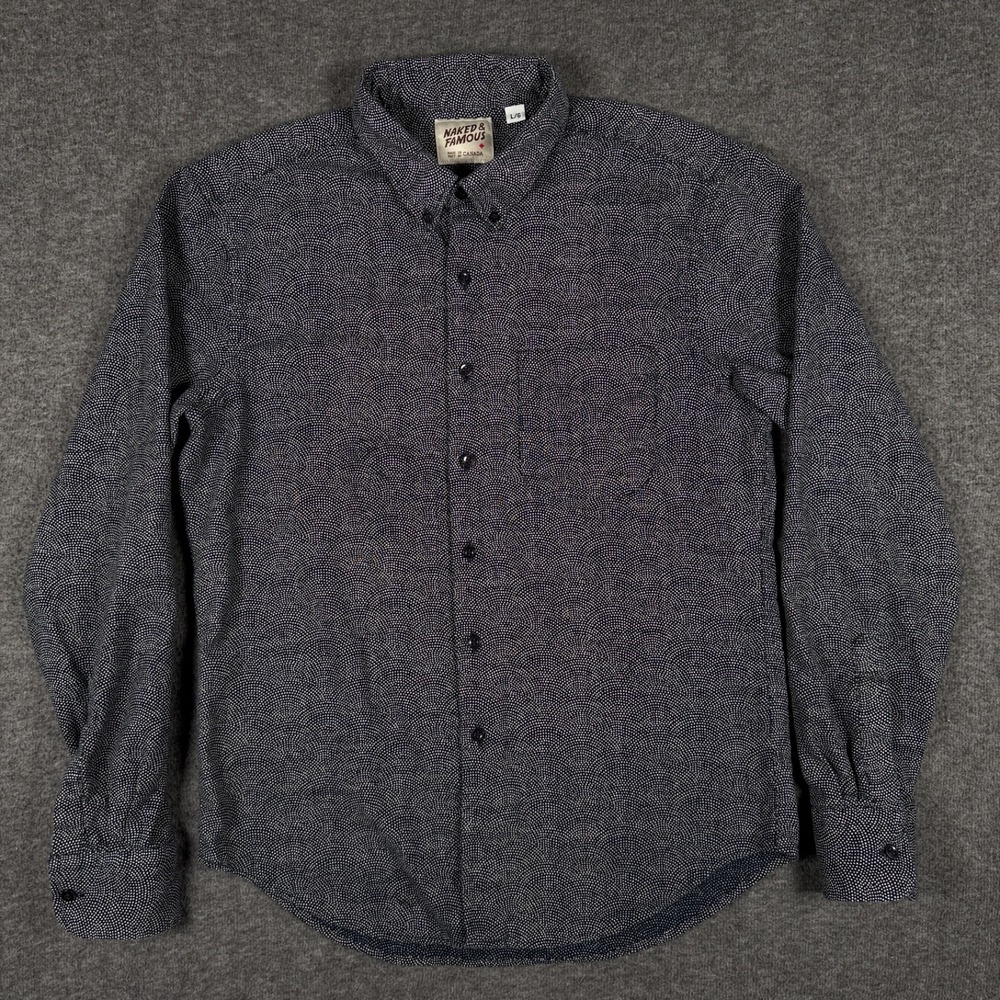 Naked & Famous Shirt Mens Large Black White Dots Woven Japanese Cotton Button Up - Picture 2 of 12